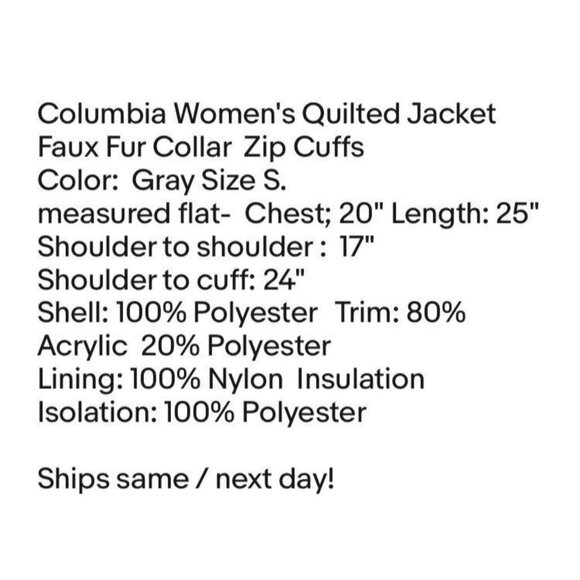 Columbia Women's Quilted Jacket Faux Fur Collar Gray Size S - Picture 7 of 7